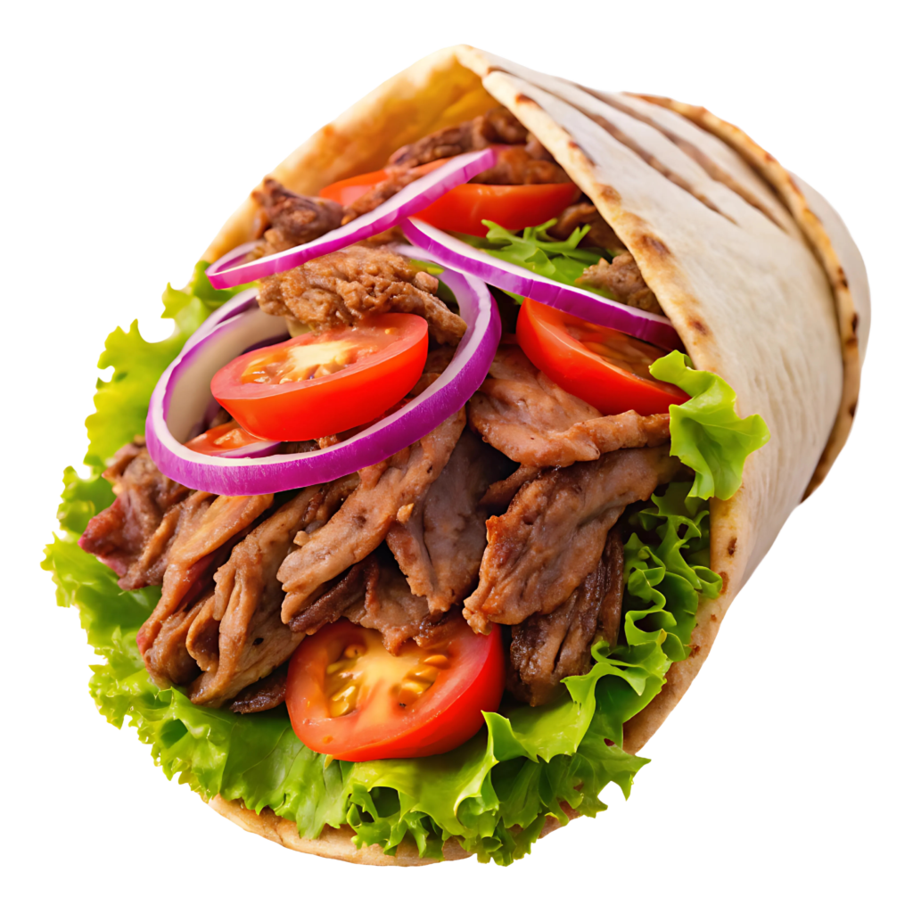 Viral doner kebab wrap with seasoned lamb, tomatoes, red onion and lettuce in flatbread